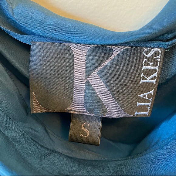 LIA KES 100% Silk Dress Navy Blue Midi Tassel Boatneck Side Tie - Picture 2 of 9